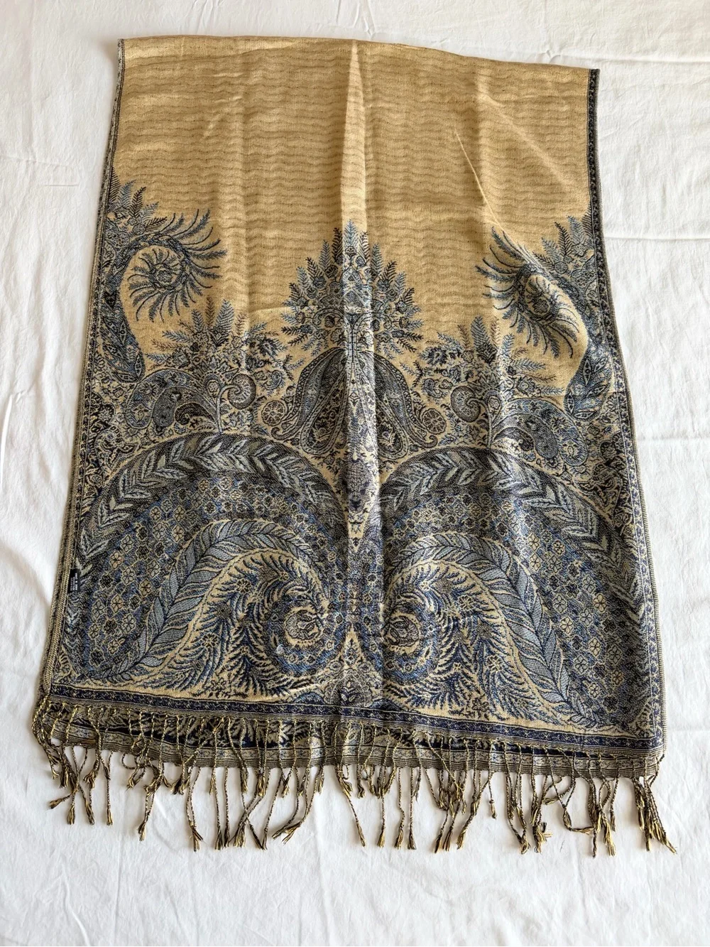 Navy and Gold Paisley Fringed Wrap